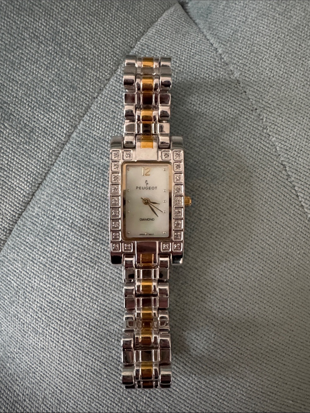 Peugeot Diamond Two-Tone Rectangular Watch Silver Gold Bracelet